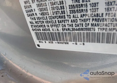 2009 Honda Odyssey Ex z USA, uszkodzony, nr VIN 5FNRL38449B059879